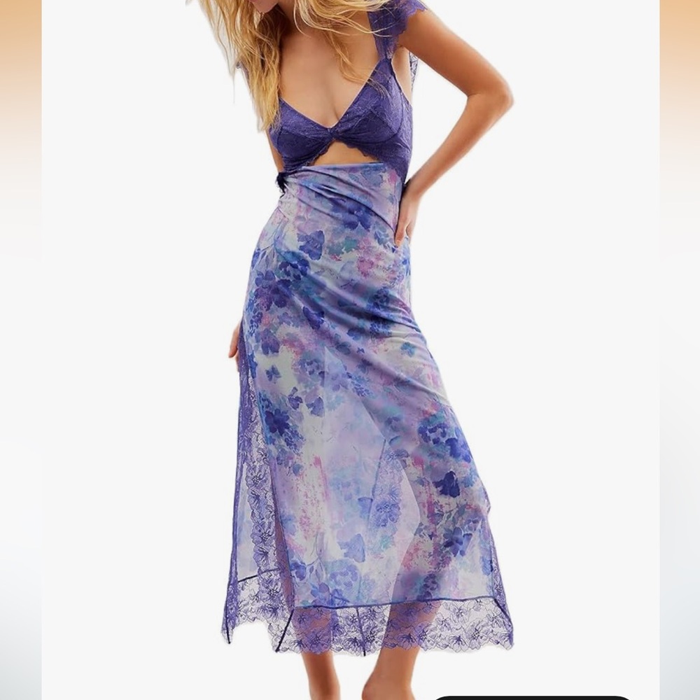Slip Midi Dress Backless Lace Sleeve Floral Purple